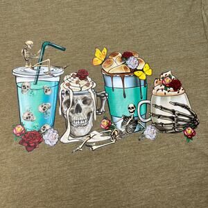 Halloween Skeleton Latte Vneck Green Tee Medium